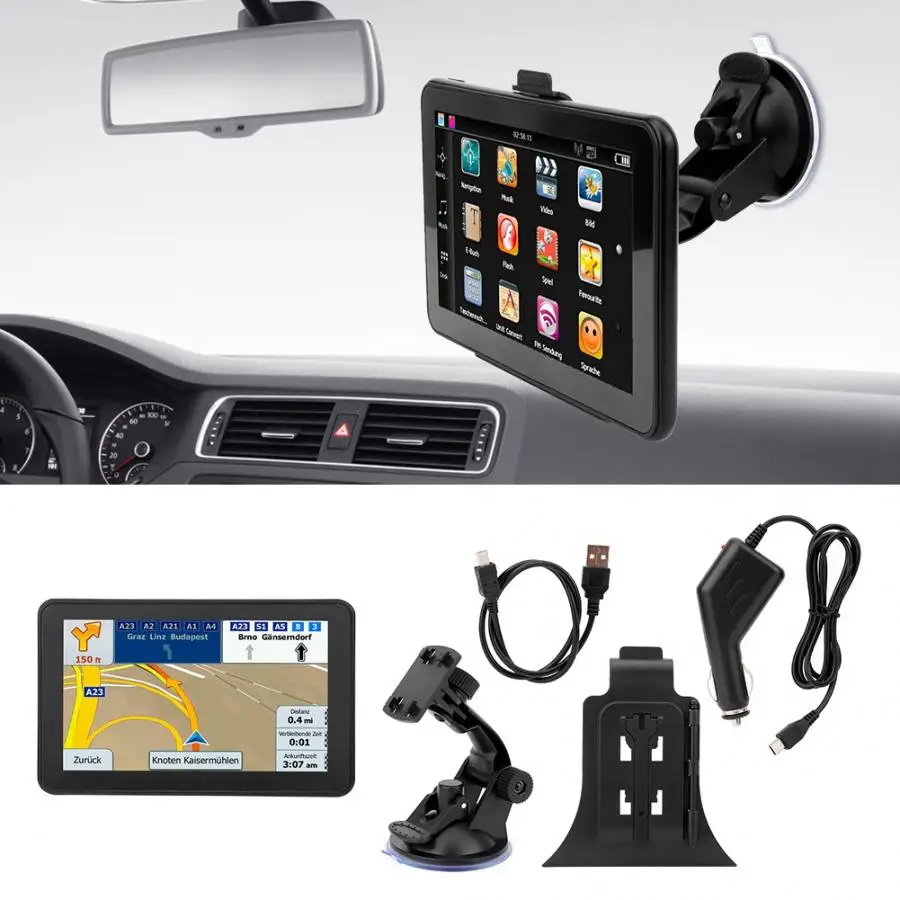 

7in HD Resolution Capacitive Touch Screen Car GPS Navigation FM Transmitter 12-40V / 2A for English, French, German, Russian