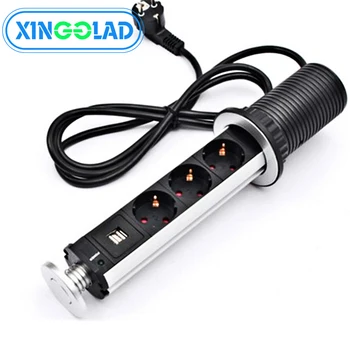 

PULL UP 3 AC Outlets Extension Power Strip 2 USB Charging Port Kitchen Table Desktop Sockets Retractable Countertops Worktop EU