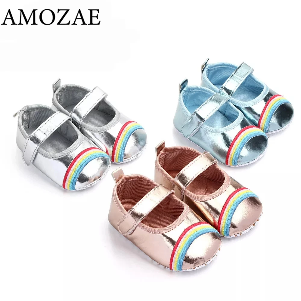

0-18M Baby Girl Shoes First Walker For Newborn Rainbow PU Baby Girl Soft Sole Anti-Slip Crib Shoes Casual Princess Walking
