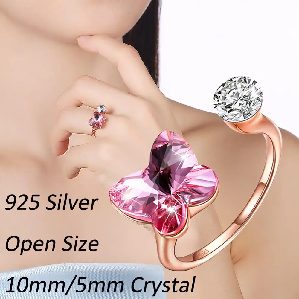 

Flying Butterfly S925 Silver Ring For Woman Ruby Crystal In Rose Gold Base Unique Party Girls Wedding Engagement Finger Jewelry