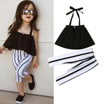

Toddler Kids Baby Girls Clothes Off Shoulder Top T-Shirt Stripe Pants Outfits Girls Summer Clothing
