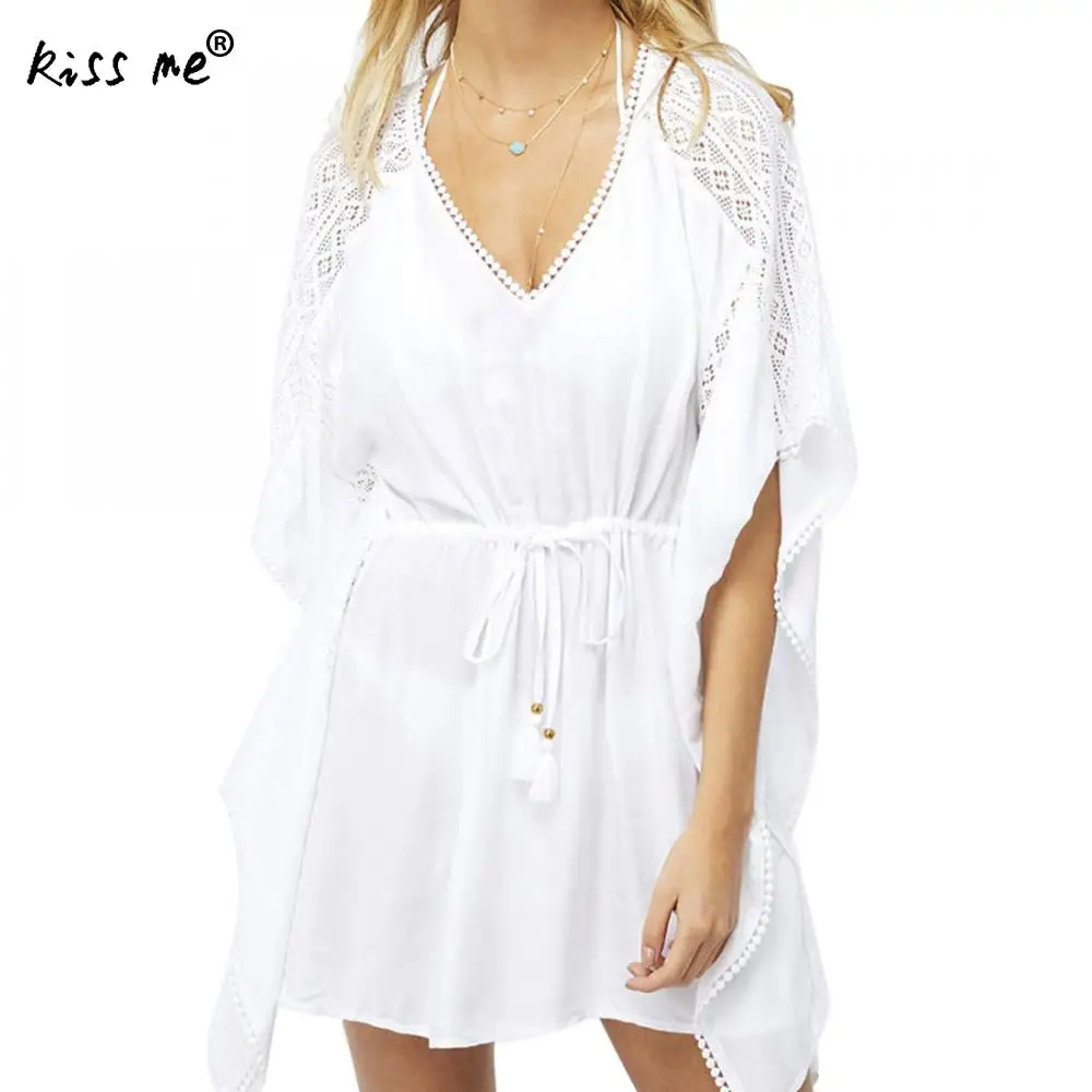 

Solid Half Sleeve Swimsuit Cover Up Waist Drawstring Beach Dress Sarong Tunic Women Beach Wear Deep V Bathing Suit Short Dress