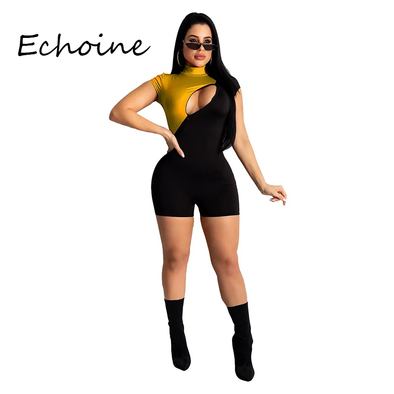

2020 Spring Women Jumpsuit Front Zipper Short Sleeve Color Patchwork Short Rompers Womens Jumpsuit Bodysuit Women Clothes