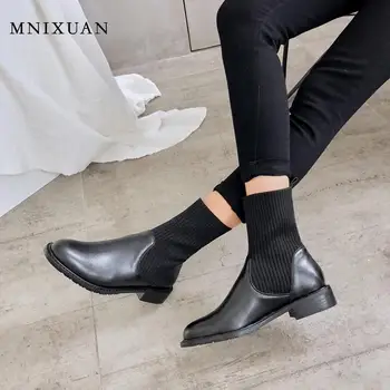 

MNIXUAN Women Shoes winter ankle boots 2019 new fashion genuine leather round toe slip on medium heels knitting Black Booties