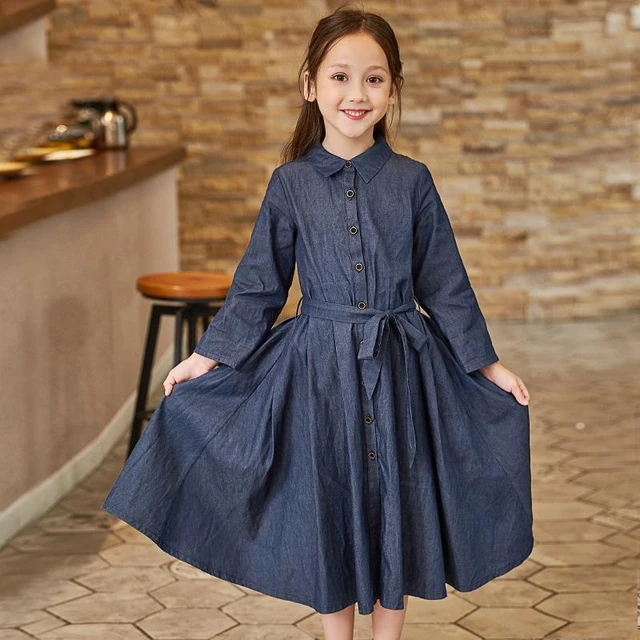 Inevnen Girls Denim Dresses Casual Lantern Long Sleeve A-Line Ruffle Tiered Jean  Dress Drawstring - Walmart.com