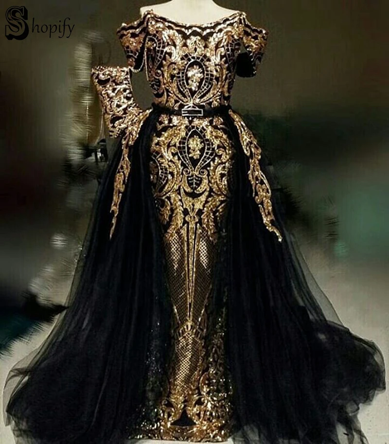 Длинное блестящее элегантное вечернее платье Русалка приталенный силуэт из двух частей Золотые блестки африканские съемные черные вечерние платья