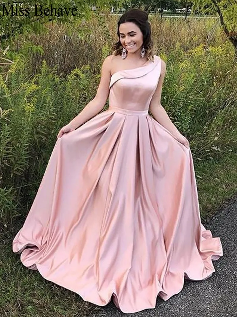 

DD JYOY Satin Evening Dress with Train One Shoulder Pink Evening Gown Party Real Image robe soiree