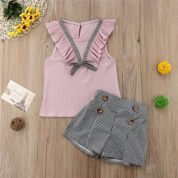 

2019 Summer Baby Girl Kids Toddler Outfits Clothes Ruffle Tops+Plaid Button Shorts Pants 2PCS Set