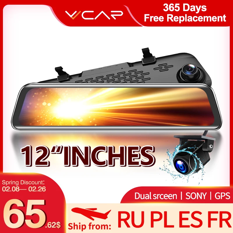 VVCAR-V17 12-Inch RearView Mirror Car Dvr Camera Dashcam GPS FHD Dual 1080P Lens Driving Video Recorder Dash Cam