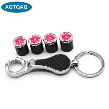 

5Pcs/Set Flower Style Emblem Auto Car Wheel Tire Air Valve Caps With Wrench Keychain Carbon Fiber + Copper Stem Dust Cover Acces