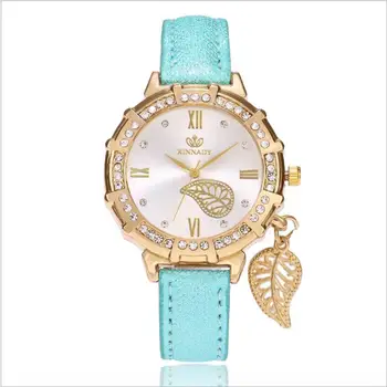 

Luxury Watch Women Leather Stripe Quartz Watch diamond Watches leaf pendant Bracelet Watch Wrist Watches for Women Reloj Mujer