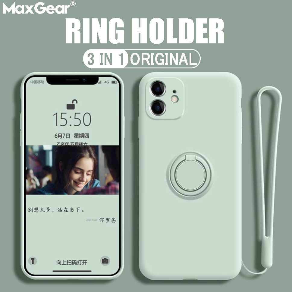 Ring Case For iPhone 13 Liquid Silicon Holder Cover For iPhone 12 11 Pro Xs Max XR X 6 7 8 Pluse SE Stand Coque With Hand Strap cool iphone 12 mini cases