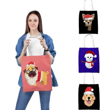 

Canvas Shopping Bag Reusable Eco FriendlyTote Bag Happy Christmas Pattern Print Shopper Book Bags Teacher Student Shoulder Bag