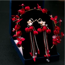 Изысканный красный цветок розы тиара и кисточкой серьги китайская невеста Свадебные украшения для волос женский Кристальный обруч для волос повязки на голову