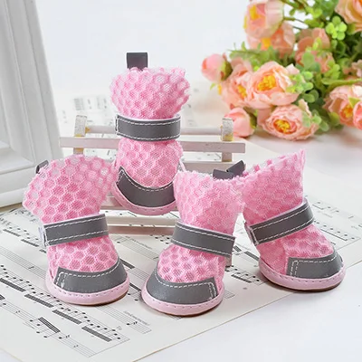 Dog Boots Small Dog Shoes Mesh Summer Booties For Dogs Anti Slip Pet Breathable Shoes Puppy Sneakers - Цвет: Розовый