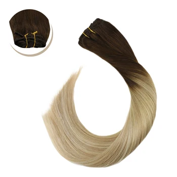 

Ugeat Clip in Full Head Human Hair Extensions Thick End Clip Ins 14-24" Non-Remy Brazilian Straight Hair Blonde Hair 120G/7Pcs
