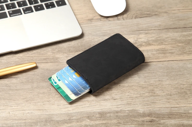Мужской кошелек RFID блокирующий винтажный автоматический кожаный держатель для кредитных карт Алюминиевый металлический бизнес ID многофункциональный бумажник для карт