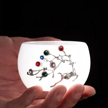 

4PCS/Lot Red Agate Pattern Jade Porcelain Craft Silver Teacup Colored Glass Master Cup Kung Fu Tea Set Tea Bowls Sake Cups Gifts