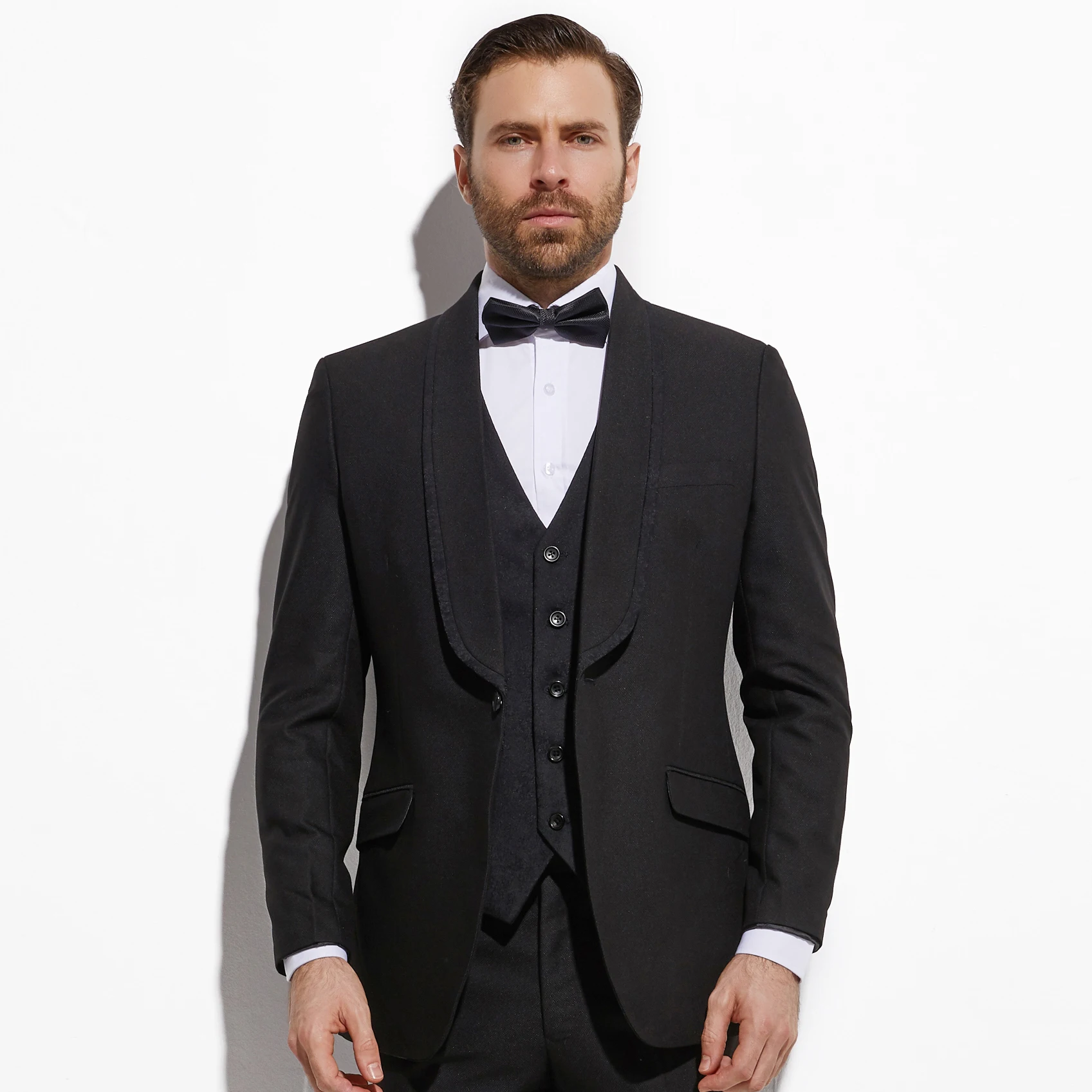 Custom Tailored Jacquard Tuxedo Suit for Men Shiny Black Pattern Wedding Attire with Contrast Shawl Lapel Textured Jacquard Vest