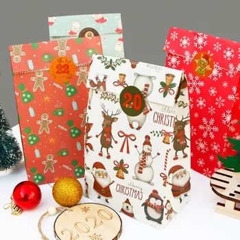 

24pcs Packing Christmas Gift Bag Candy Box Kraft Bag Paper Popcorn Box Goodie Bags Printed Paper Treat Bags Paper Birthday Party