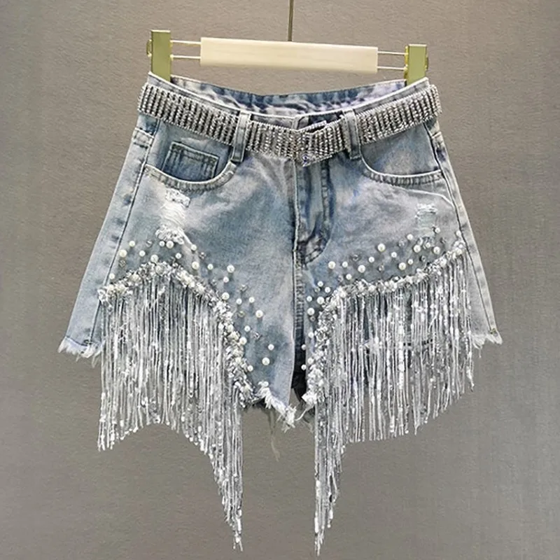 Female Denim Shorts 2021 Summer New High Waist Slimming Heavy Beaded