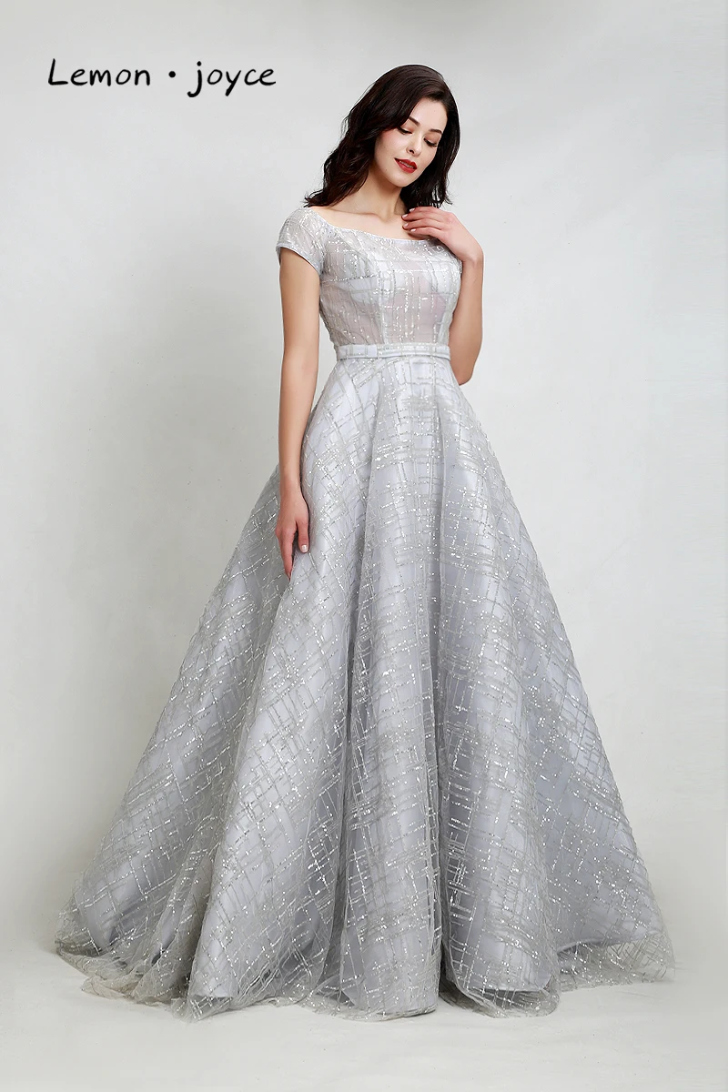 Lemon joyce Formal Gray Evening Dresses Long Short Sleeves Illusion A-line Floor Length Party Gowns Plus Size