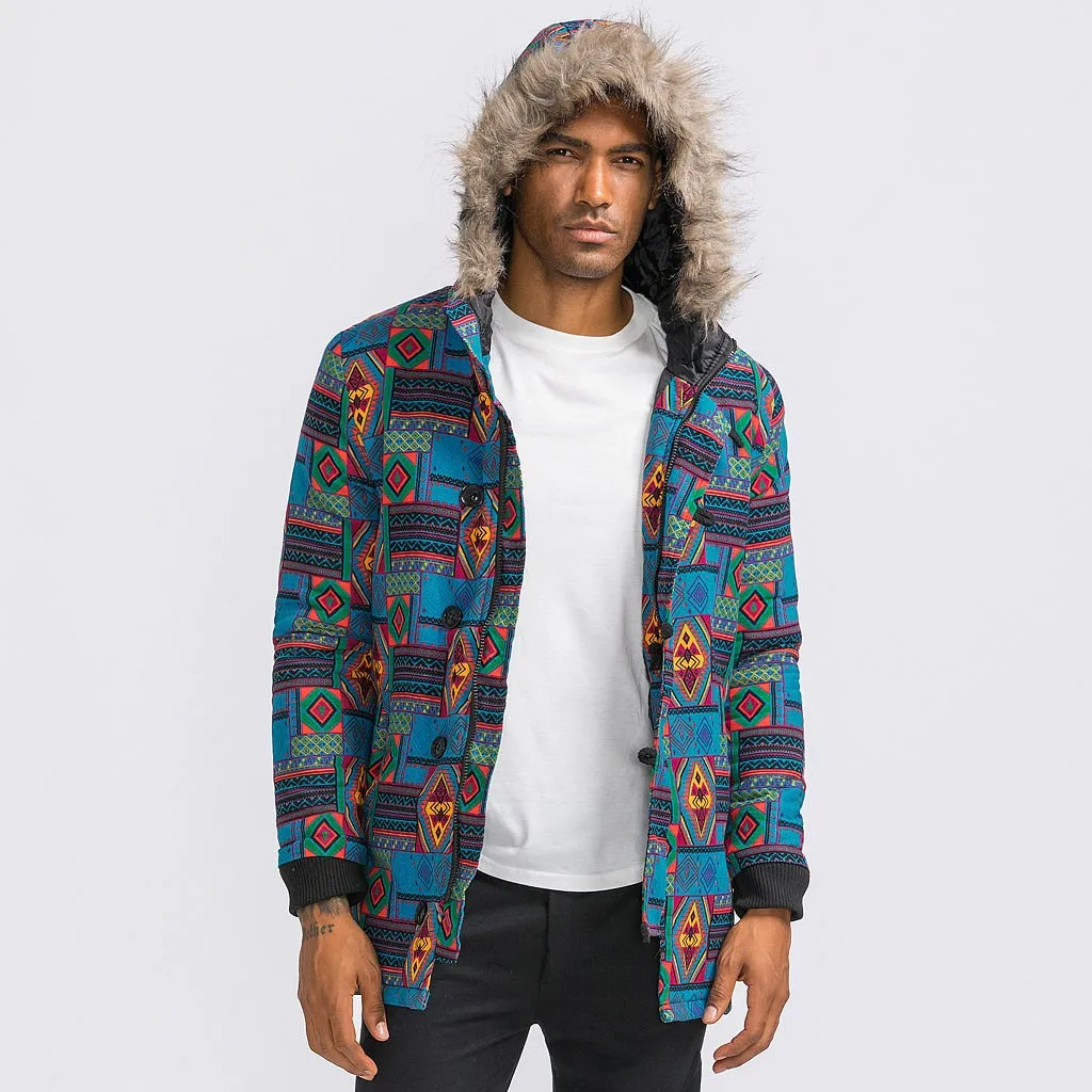 Men Casual Winter Floral Print Warm Linen Long Sleeve Hooded Skiing Jackets Outwear Thicken Overcoat Raccoon Fur Collar Plus