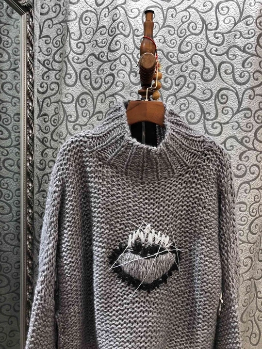 autumn Early new women's high collar, chest embroidery, knitting decoration, long sleeve loose sweater, knitwear 1010