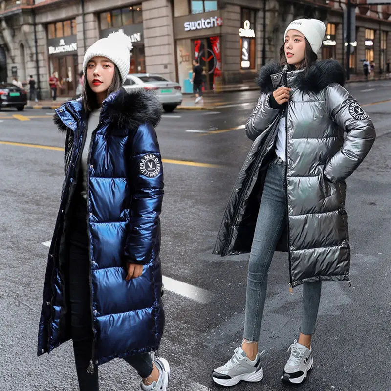 Koop Vrouwen Lange Afneembare Bontkraag Glossy Hooded Oversized Winter Down Jas Student Dikke Warme Jas Katoen Gewatteerde Gewatteerd Parka