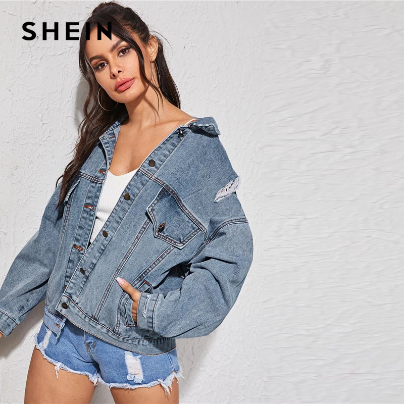 Greatest  SHEIN Blue Single Breasted Button Front Denim Jacket Coat Women Autumn Streetwear Turn-down Collar 