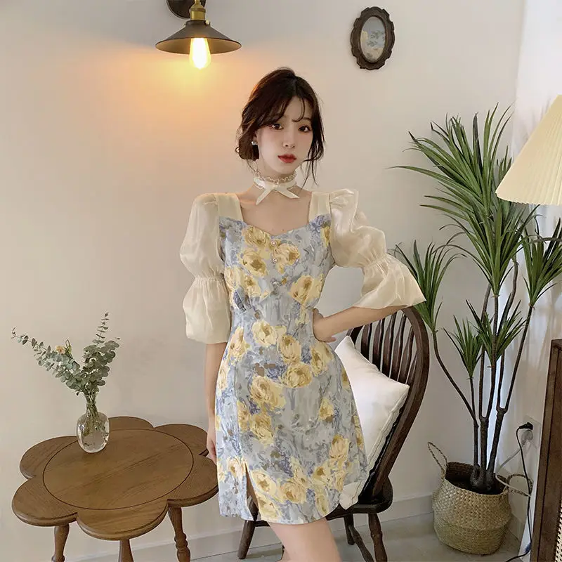 Dresses Women Spliced Romantic Printed Korean Style Elegant Empire Side-slit Feminine Trendy Vestdios Sweet Female Puff Sleeve zara dresses