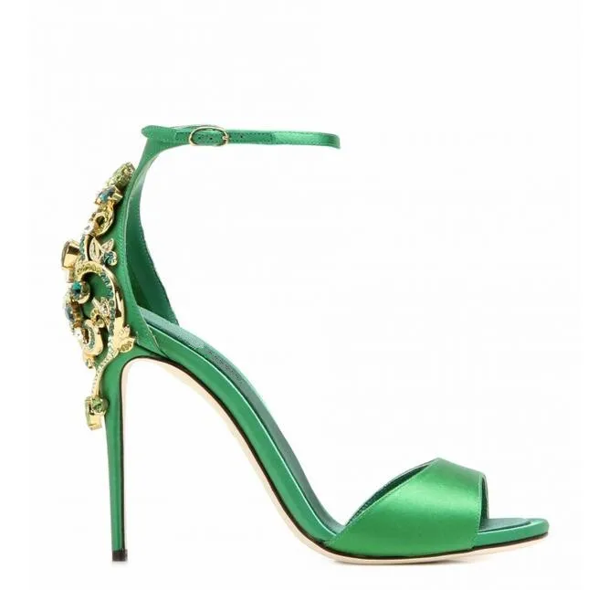 

Gladiator Green Silk Rhinestones Women Sandals Open Toe Cover Heel Buckle Strap Thin Heel Summer Sandals Lady