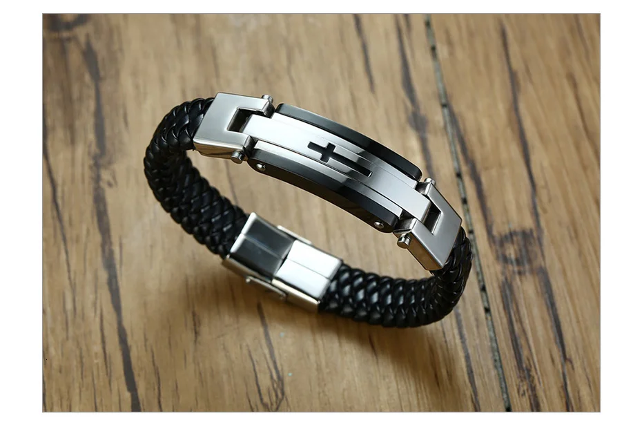 Vnox плетеный браслет из натуральной кожи для мужчин, черный массивный браслет из нержавеющей стали, браслет с изображением Креста, повседневный мужской браслет в стиле панк