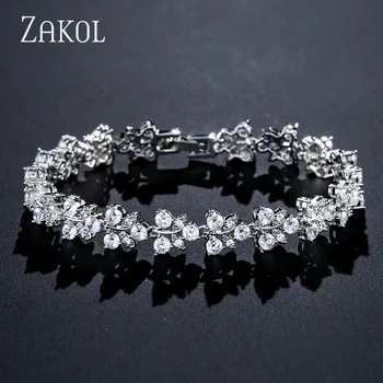 

ZAKOL Trendy Flower & Leaf Zirconia Crystal Bracelets For Elegant Bridal Wedding Jewelry bijoux femmes Christmas Gifts FSBP2102