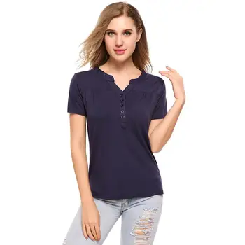 

Women Casual Summer tshirts New Tops V-Neck Short Sleeve Solid Side Split Asymmetrical Hem Button Pleated Elastic T-Shirt