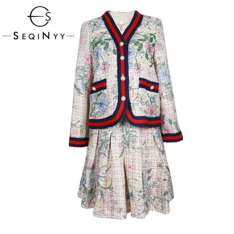 

SEQINYY Luxury Set 2020 Autumn Winter New Fashion Design Women Long Sleeve Jacket + Short Pleated Skirt Flowers Printed Suit