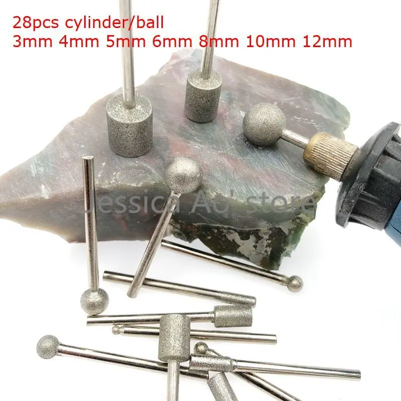 28pcs 3-12mm Cylinder/ball Shape Stone Cutters Granite Carving Tools Rotary Burrs Power Tool Diamond Grinding Head 150 Grit