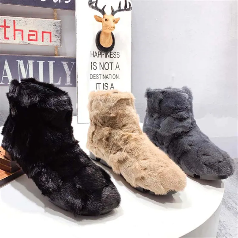 

Mink Fur Winter Warm Fur Boots 2020 New Ankle Boots for Women Snow Boot Furry Botas Mujer Ladies Flat Shoes Woman Flats