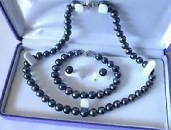 

9-10mm South Sea Black Pearl Necklace Bracelet Earring Set 14k Gold Clasp
