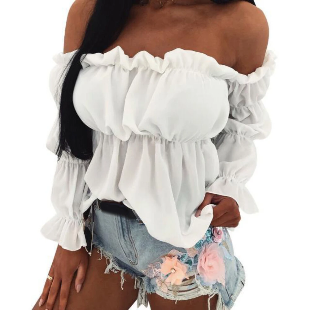 Women Blouse Solid Color Long Sleeve Lace Off Shoulder Ruffled Edges Short Blouse Shirt Ladies Top Clothing блузка женская 2020 blouses & shirts