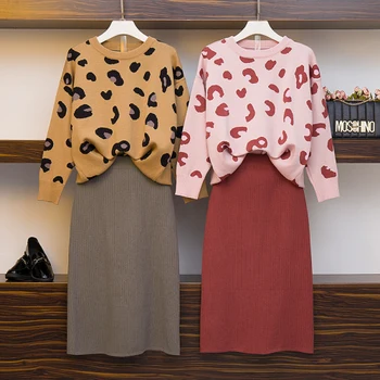 

purple soft mohair sweater leopard skirt 2 piece set women free faux rabbit fur scarf a-line skirt suit pullovers set