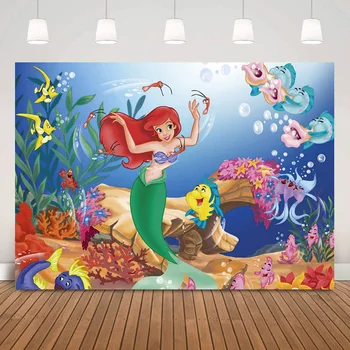 

Cartoon Mermaid Children Birthday Background for Party Decoration Under the Sea Fishes Newborn Princess Backdrop Photophone