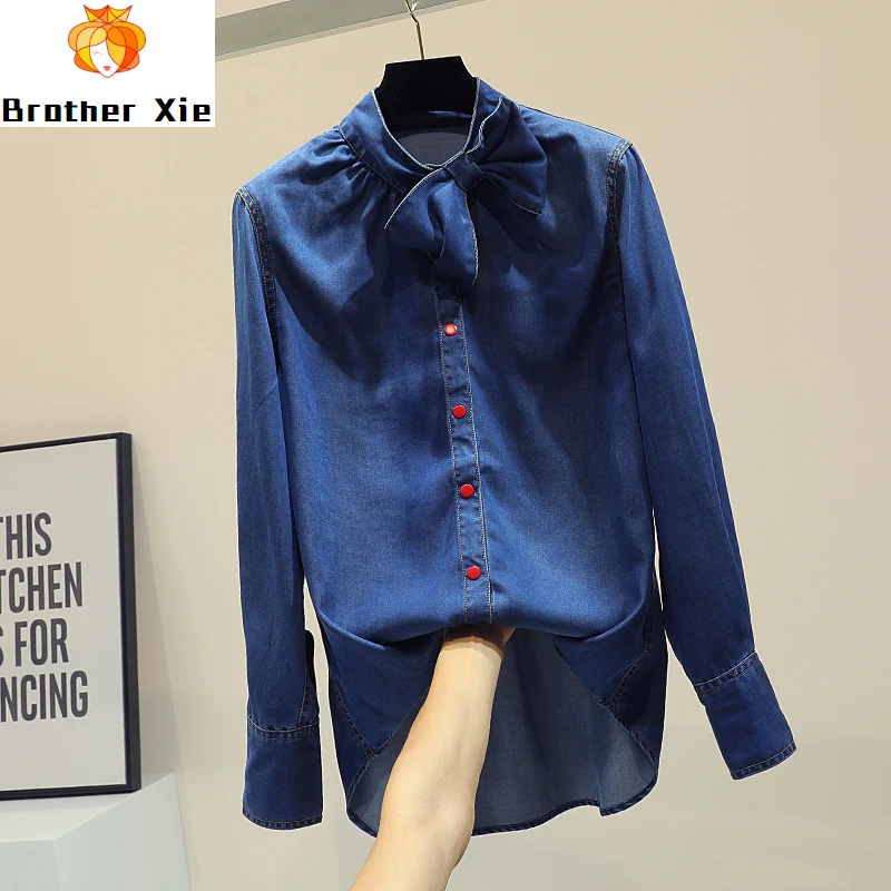 

Korean Style Loose Denim Shirt Female Bf Butterfly Knot Temperament Coat 2020 Spring Fall Girl Students Long Jean Shirts Women