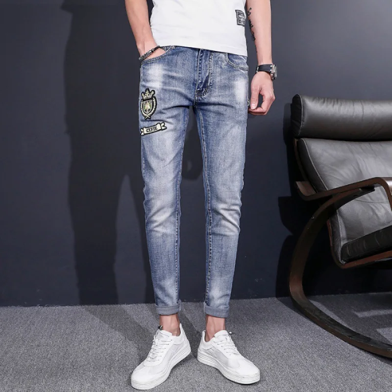 

With Holes Printed Jeans Men's Beggar Popular Brand Slim Fit Versatile Skinny Casual Pants Korean-style Trend Summer Light Color