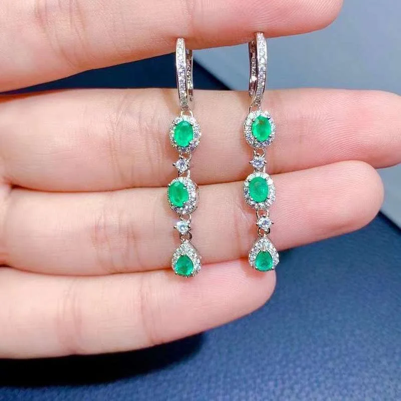 

YULEM Jewelry Fashion Emerald Drop Earrings for Party 3mm*4mm Natural Emerald Silver Earring Sterling Silver Emerald Jewelry