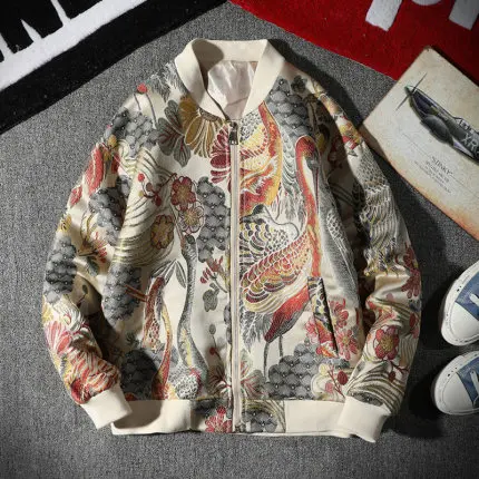 Beige yellow crane Китайский стиль, Роскошные куртки с вышивкой тигра попугая Журавля, мужские весенние и осенние новые свободные бейсбольные куртки, повседневные пальто - Цвет: Beige yellow crane