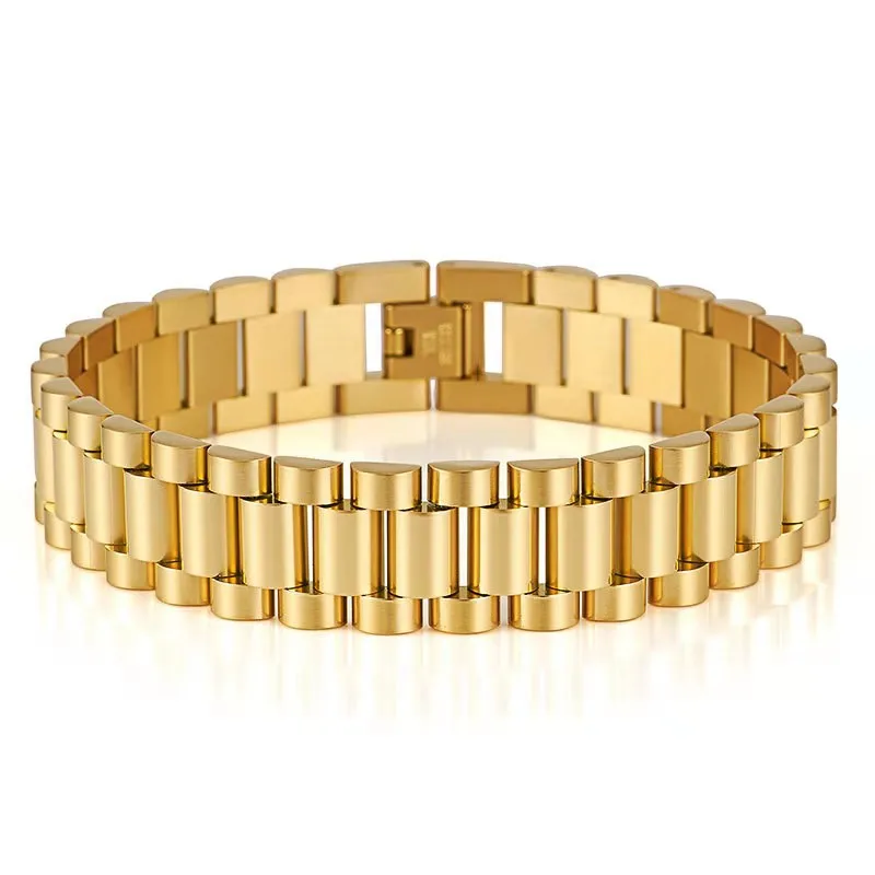 ゴールドゴールド　B1ポスター 15mm Hiphop Gold Watchband President Bracelet & Bangle For