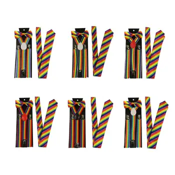 

Men Women 3 Piece Rainbow Striped Costume Set Y-Back Suspenders Bow Tie Necktie NEW