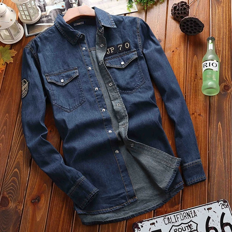 2021 Spring New Men'S Casual Fashion Denim Long Sleeve Shirt Blue Lapel Double Pocket Loose Top Pure Cotton Jacket | Мужская одежда