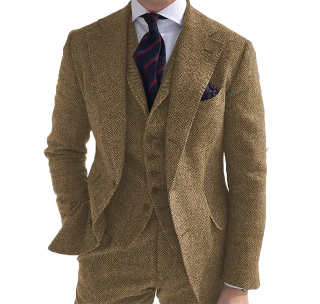Men‘s Suits 3 Pieces Green Wool Tweed Herringbone Business Retro Classic PatternTuxedos For Wedding Blazer Pants Vest 3